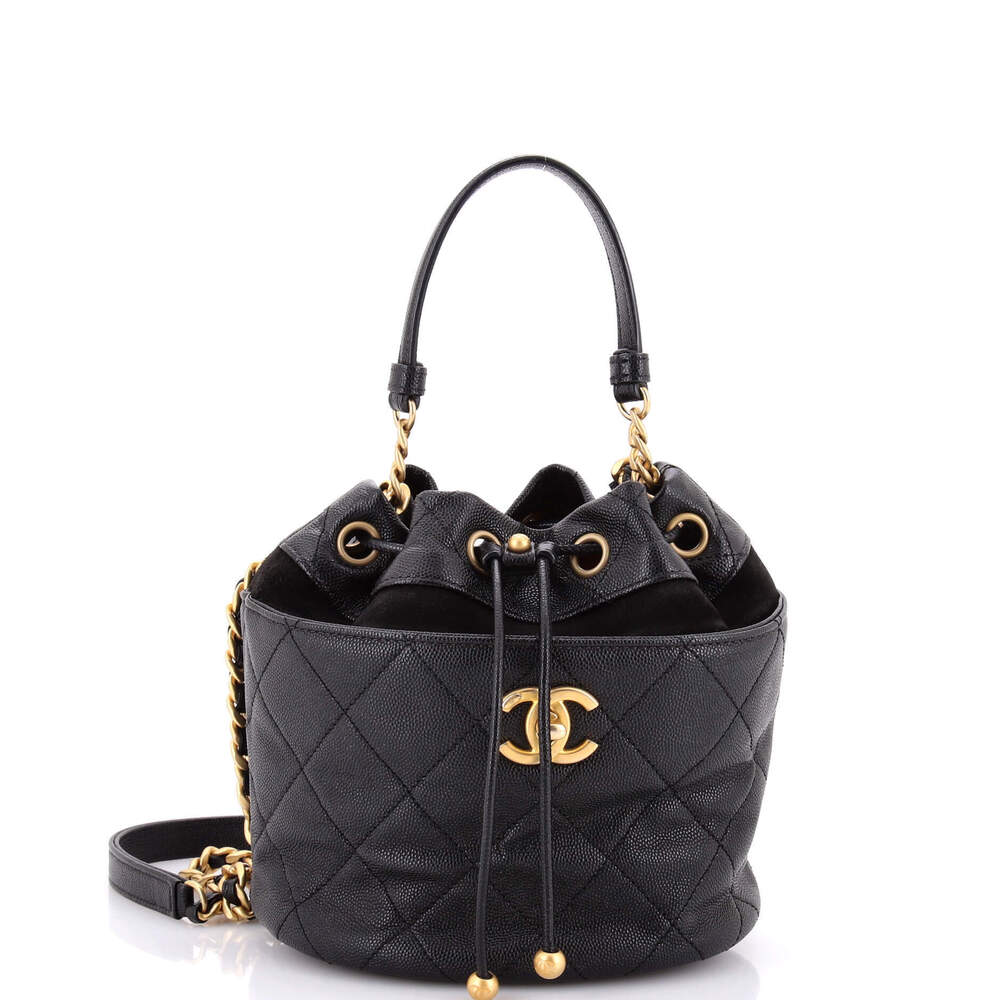 Chanel Small CC Drawstring Bucket Bag Quilted Caviar with Suede